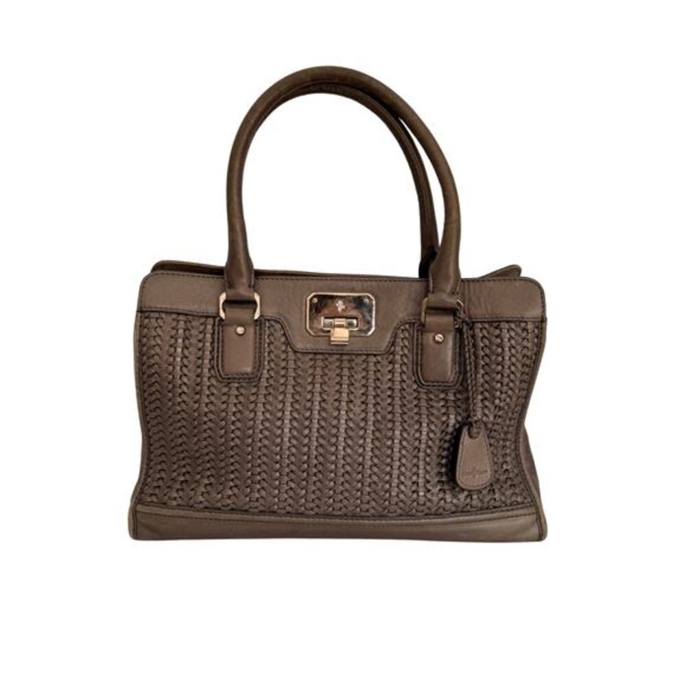 Cole Haan Woven Leather Satchel Taupe Brown Shoulder Bag Gold Hardware